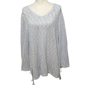 Open Knit V-neck Tunic Sweater Pool Cover Up XL Blue Tassel Tie Beachy Cruise